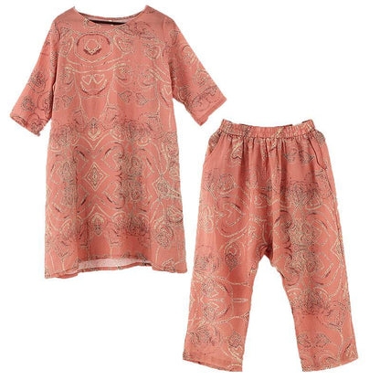 Summer Wear New Retro Ramie Abstract Print Dress Harem Pants Suit Two Pieces