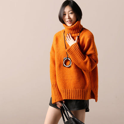 Sweater Dress High Neck Yellow Tunic Knit Dress Fall Side Open