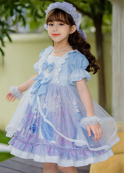 Sweet Pink Ruffled Bow Character Patchwork Tulle Kids Princess Dress Summer