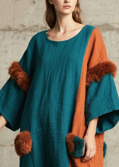 Tea Green Patchwork Faux Fur Dress Oversized Bracelet Sleeve