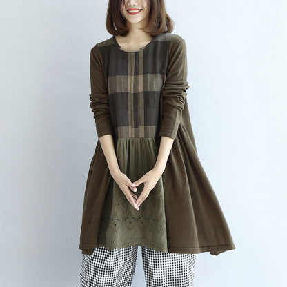 Tea Green Patchwork Plaid Cotton Dresses Oversize Shift Dresses