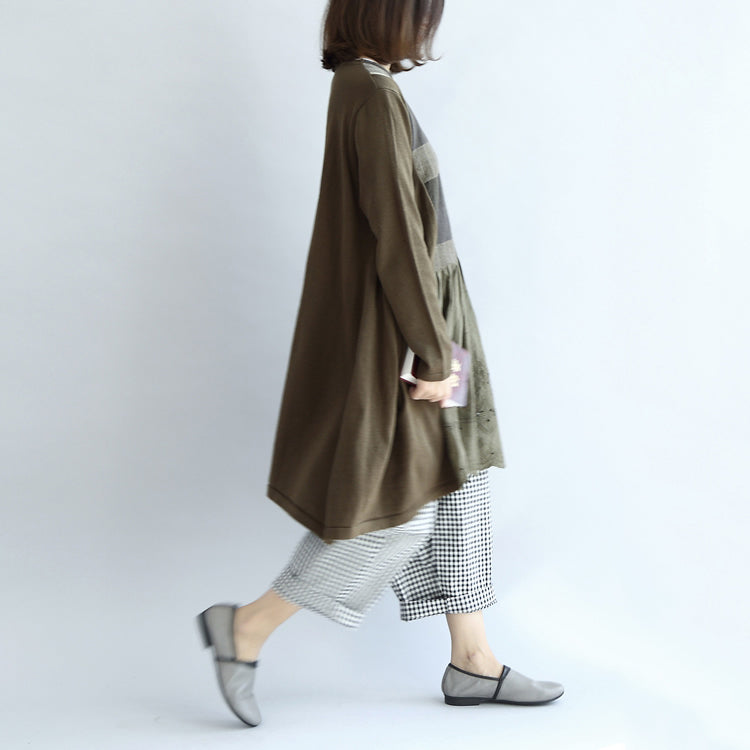 Tea Green Patchwork Plaid Cotton Dresses Oversize Shift Dresses