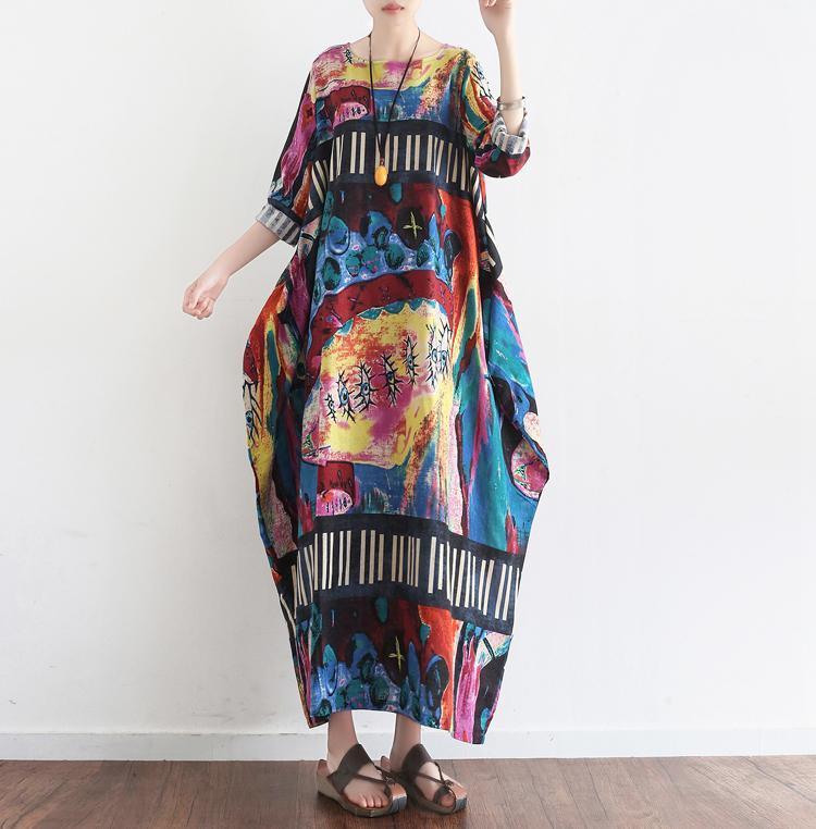 The Secret World Print Linen Dresses Oversize Caftans Fall Cotton Gown