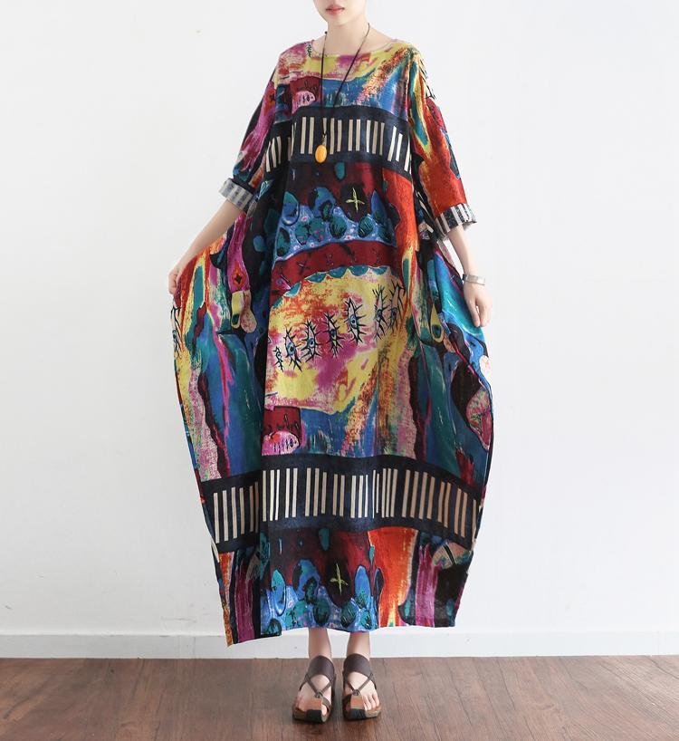 The Secret World Print Linen Dresses Oversize Caftans Fall Cotton Gown