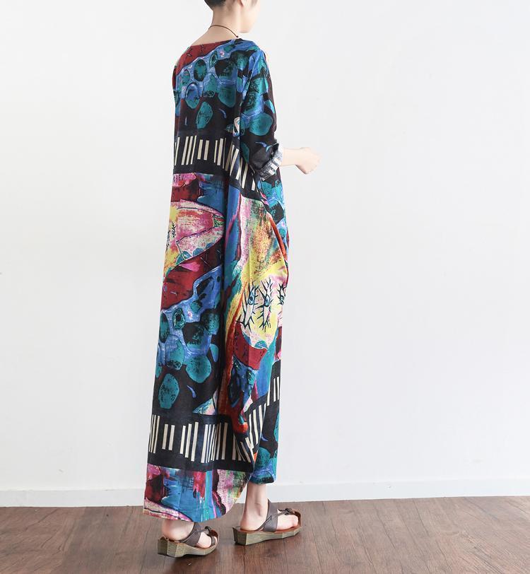 The Secret World Print Linen Dresses Oversize Caftans Fall Cotton Gown