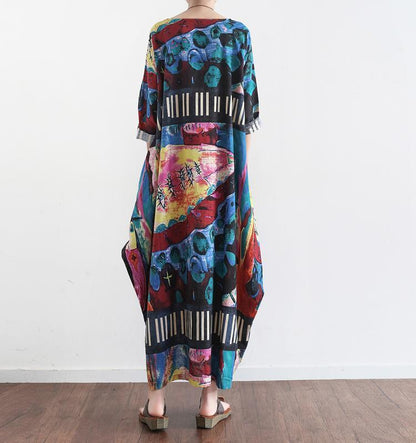 The Secret World Print Linen Dresses Oversize Caftans Fall Cotton Gown