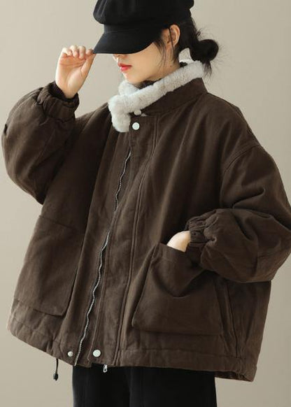 Thick Chocolate Outwear Stand Collar Zippered Outwear