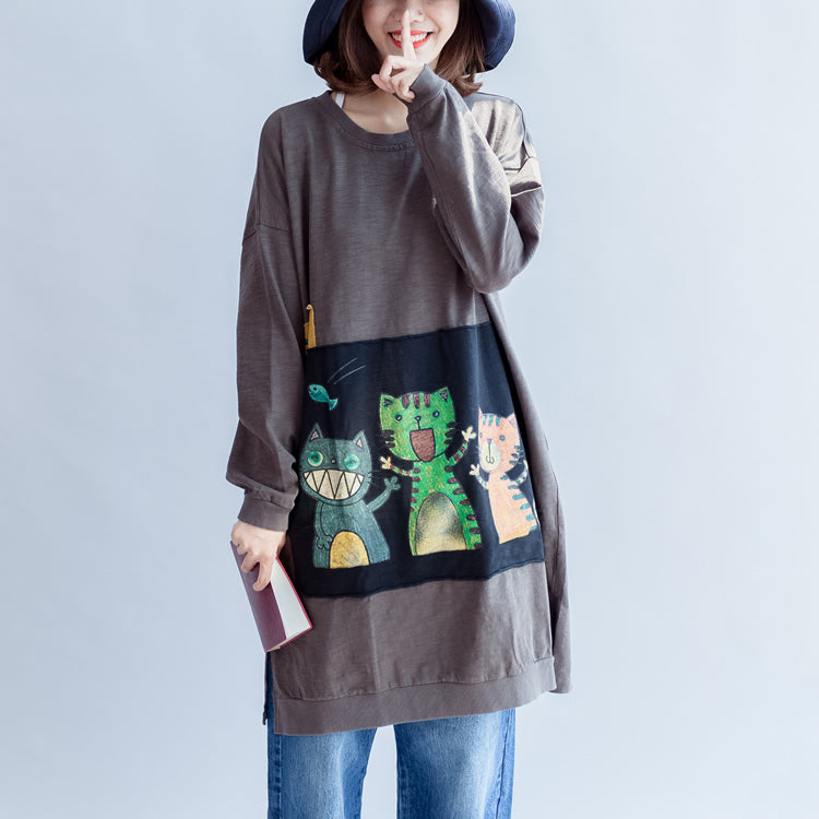 Three Happy Cats Print Cotton Dresses Oversized Sweat Dress Pullover