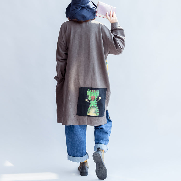 Three Happy Cats Print Cotton Dresses Oversized Sweat Dress Pullover