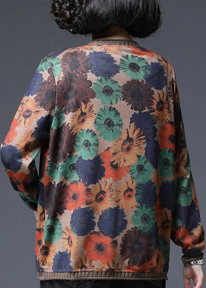 2025 Baggy V Neck Print Pockets Knit Tops Long sleeve