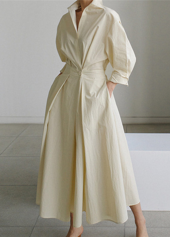 Grey Peter Pan Collar Pockets Cotton Dress Long Sleeve