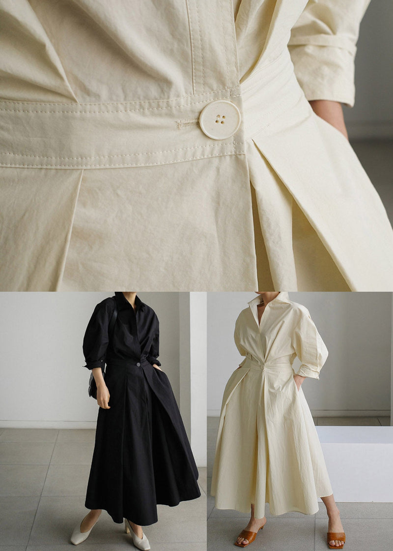 Apricot Flowers Peter Pan Collar Pockets Cotton Dress Long Sleeve