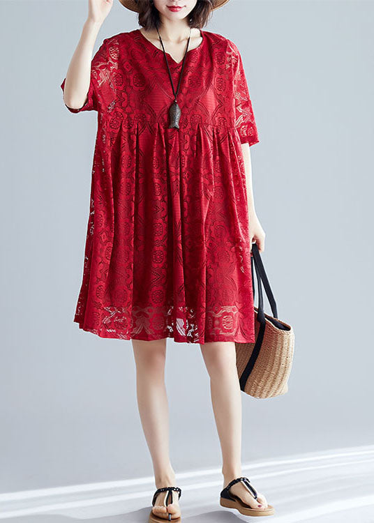 Black V Neck Wrinkled Exra Large Hem Lace a Line Dress Short Sleeve