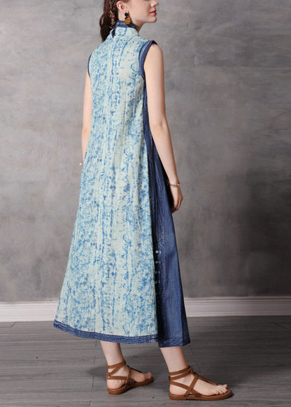 Blue Stand Collar Button Patchwork Long Denim Dress Sleeveless