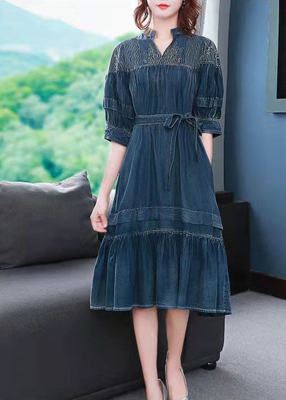 Blue V Neck Embroideried Wrinkled Sashes Holiday Dress Half Sleeve