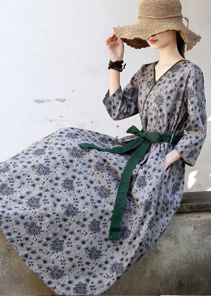 Green Tie Waist Print Linen Long Dress Three Quarter Sleeve