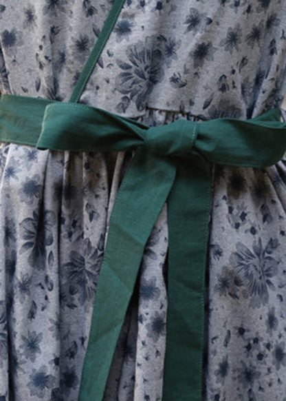Green Tie Waist Print Linen Long Dress Three Quarter Sleeve