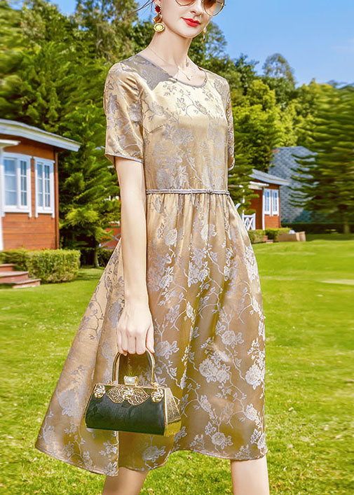 Grey Purple O-neck Jacquard Silk Fitted Dresses Short Sleeve