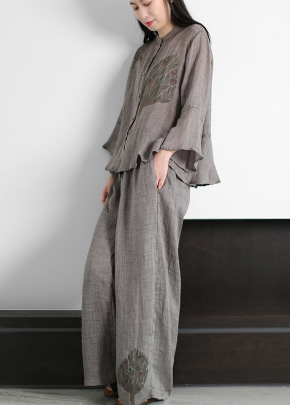 2025 Grey Stand Collar Print cotton blend Tops And Wide Leg Pants Two Piece Outfit flare sleeve