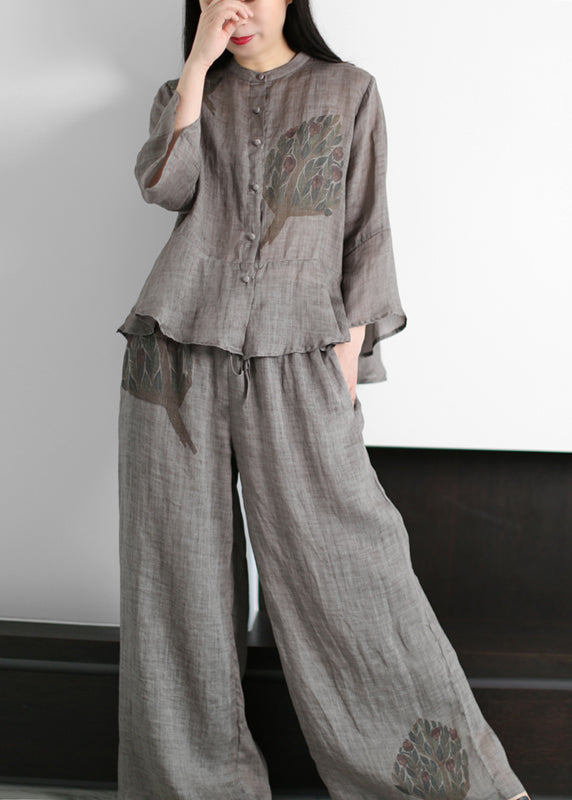 2025 Grey Stand Collar Print cotton blend Tops And Wide Leg Pants Two Piece Outfit flare sleeve