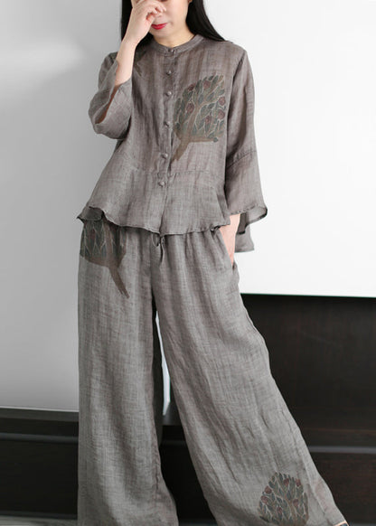 2025 Grey Stand Collar Print cotton blend Tops And Wide Leg Pants Two Piece Outfit flare sleeve