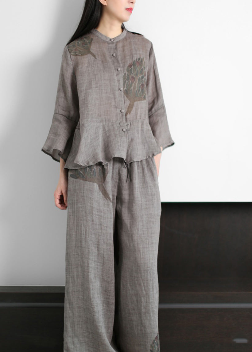 2025 Grey Stand Collar Print cotton blend Tops And Wide Leg Pants Two Piece Outfit flare sleeve