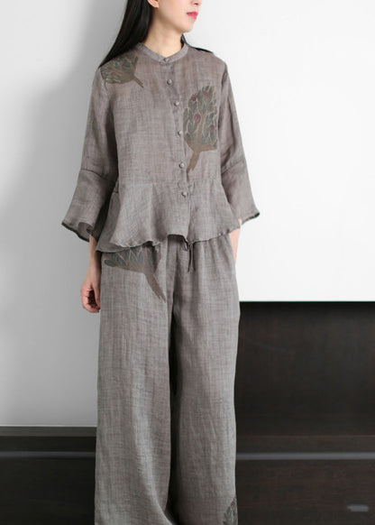 2025 Grey Stand Collar Print cotton blend Tops And Wide Leg Pants Two Piece Outfit flare sleeve