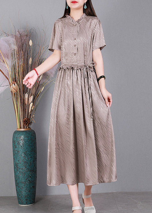 Lotus Root Pink V Neck Button Drawstring Silk Dresses Short Sleeve