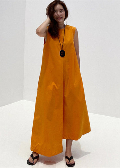 Orange O-neck Asymmetrical Pockets Cotton Long Dresses Sleeveless