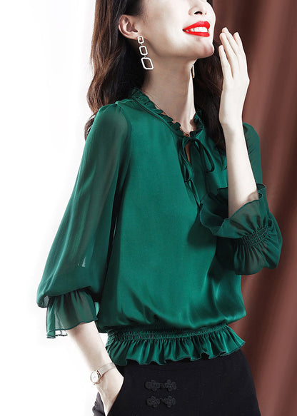 2025 Solid Green Ruffled elastic waist Chiffon Top Long Sleeve