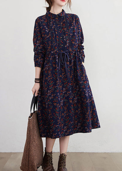 Tibetan Blue Stand Collar Drawstring Print Dress Long Sleeve