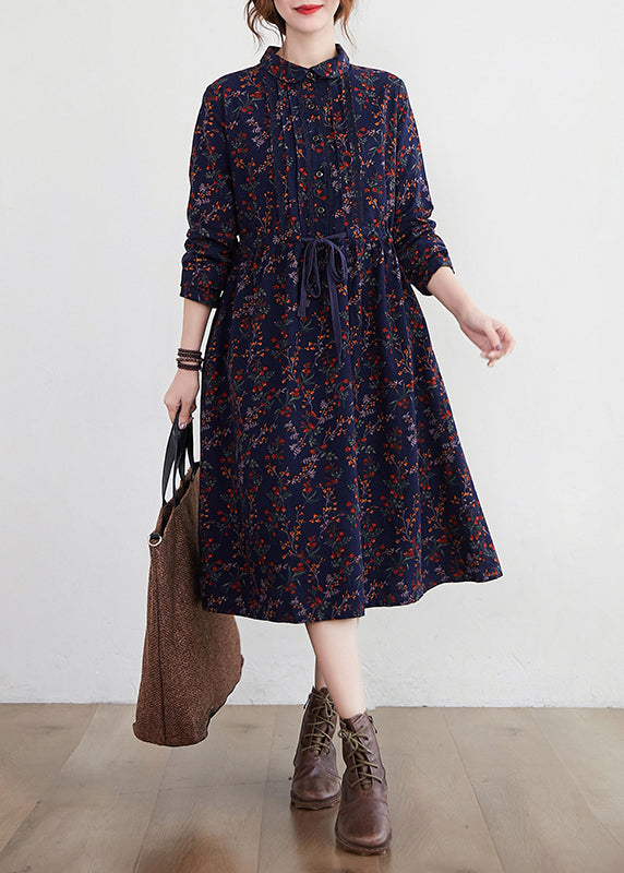 Tibetan Blue Stand Collar Drawstring Print Dress Long Sleeve