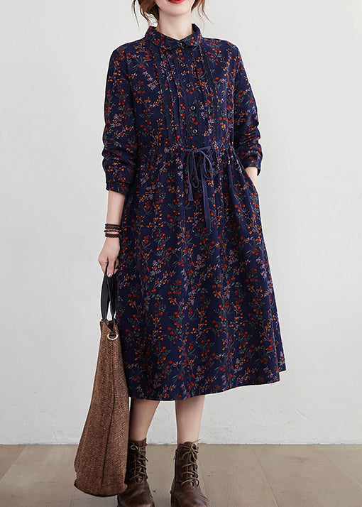 Tibetan Blue Stand Collar Drawstring Print Dress Long Sleeve