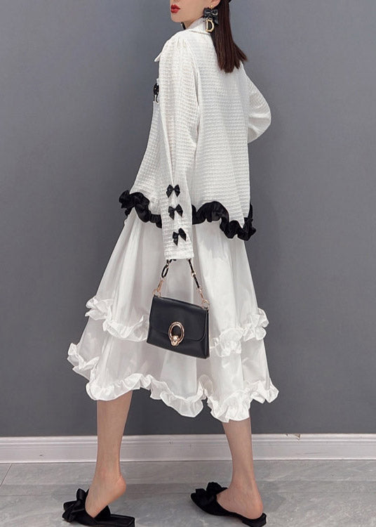 2025 White Embroideried Ruffled Tulle Patchwork Chiffon Dress Two Pieces Set Spring