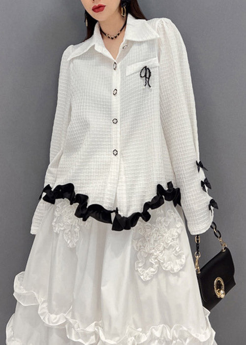 2025 White Embroideried Ruffled Tulle Patchwork Chiffon Dress Two Pieces Set Spring