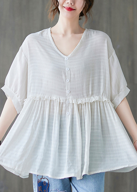 White V Neck Ruffled Tank Tops Short Sleeve