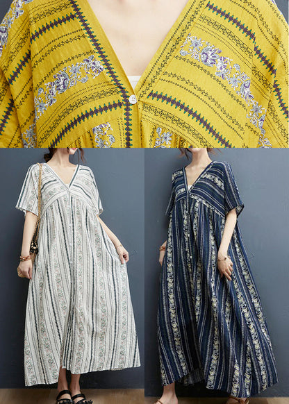 Yellow Print Cotton Maxi Dresses Short Sleeve
