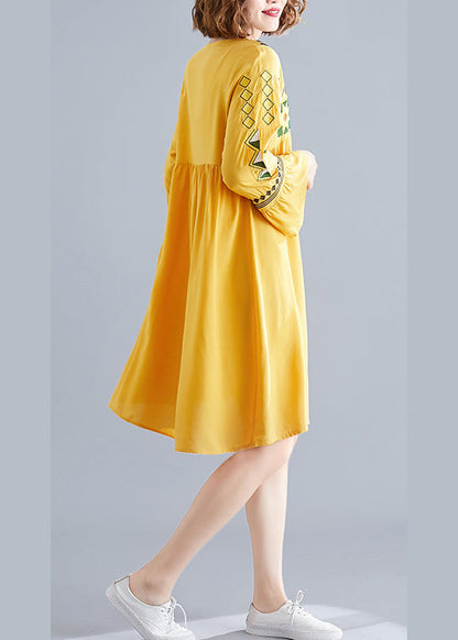Yellow V Neck a Line Dress Long Sleeve