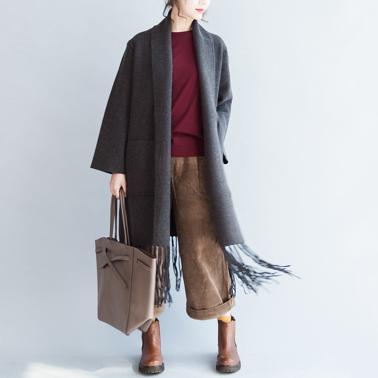 Fine Gray Cashmere Coats Tasseled Hem Woolen Jackets Long Cardigans Warm