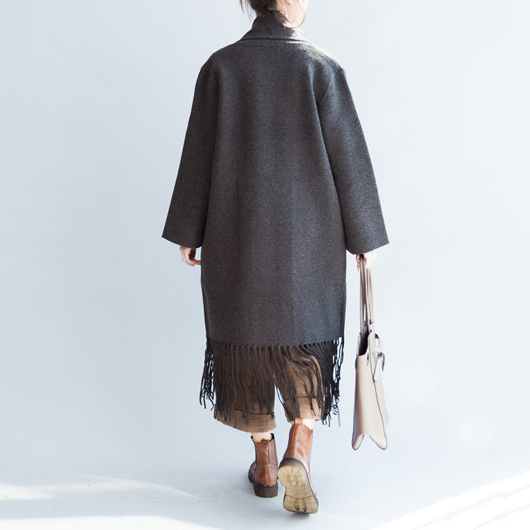 Fine Gray Cashmere Coats Tasseled Hem Woolen Jackets Long Cardigans Warm