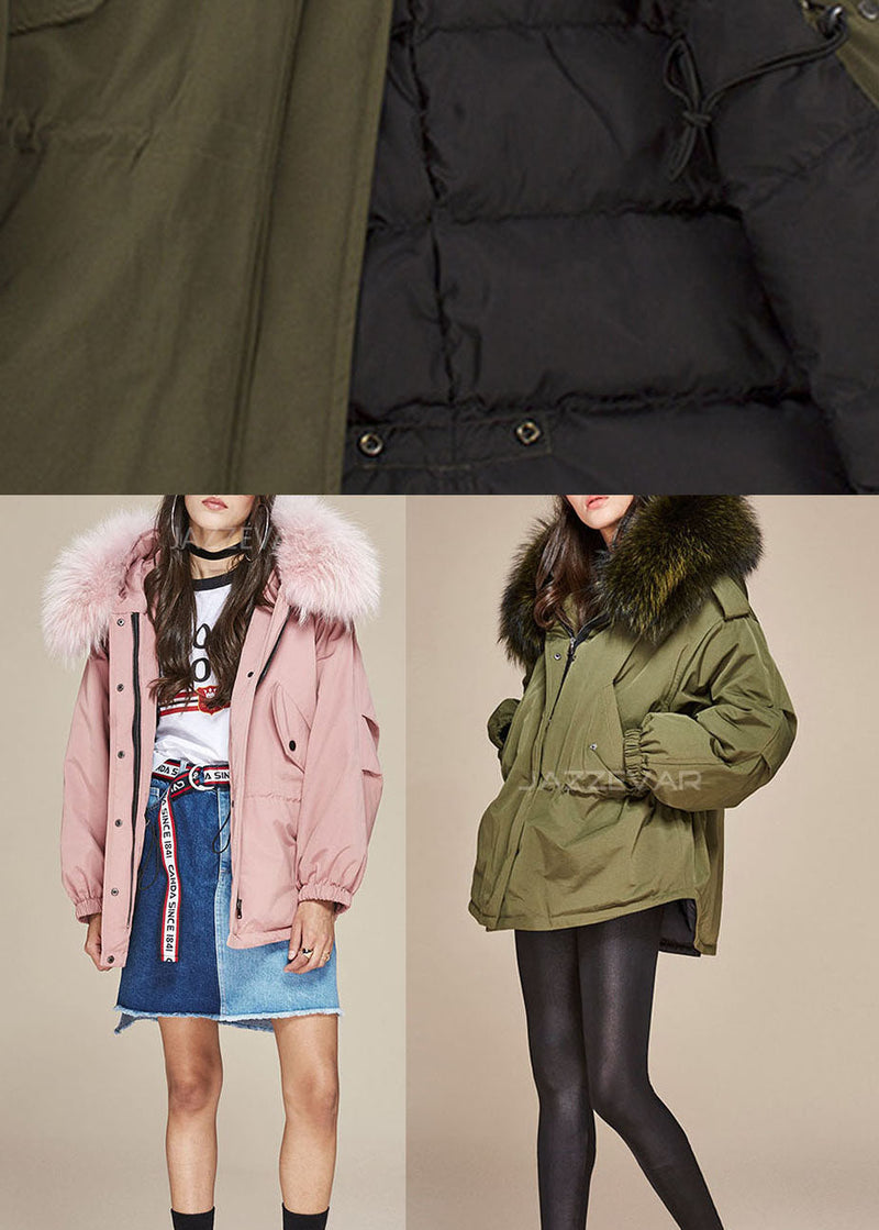 Army Green Hooded Fur Collar Drawstring Winter Cotton Blend Coat