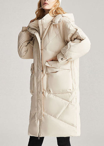 Beige Zippered Pockets Winter Duck Down Jacket