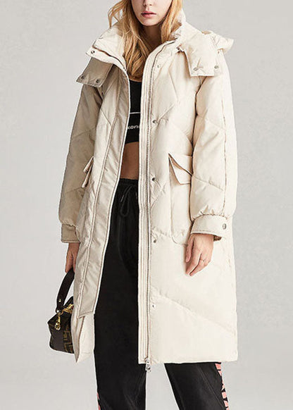 Beige Zippered Pockets Winter Duck Down Jacket