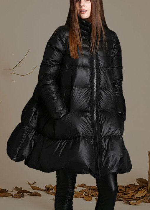 Black Stand Collar Zippered Winter Duck Down Coat