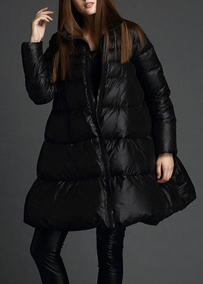 Black Stand Collar Zippered Winter Duck Down Coat