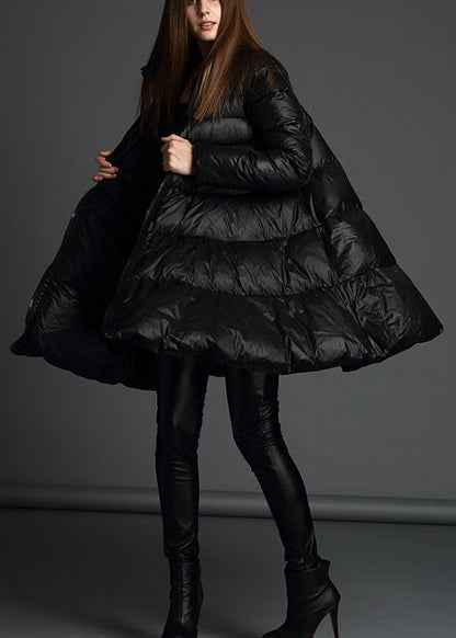 Black Stand Collar Zippered Winter Duck Down Coat
