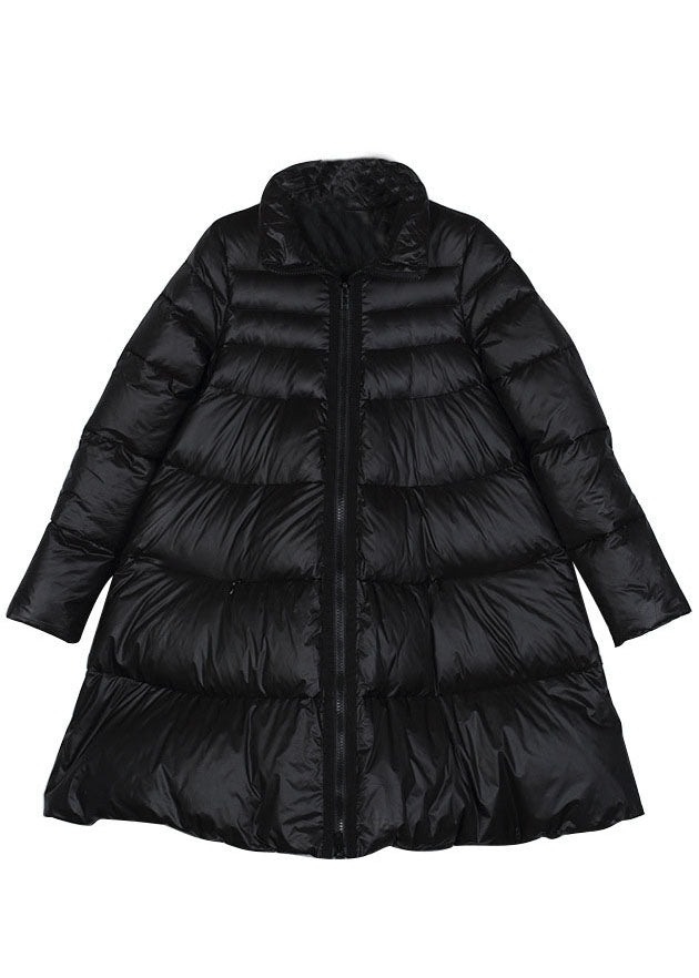 Black Stand Collar Zippered Winter Duck Down Coat