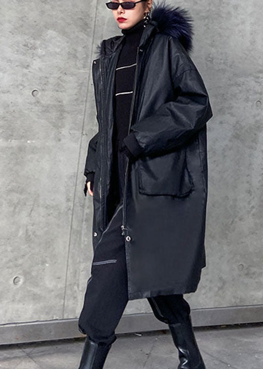 Black Hooded Fur Collar Pockets Thick Winter Cotton Pu S Parka
