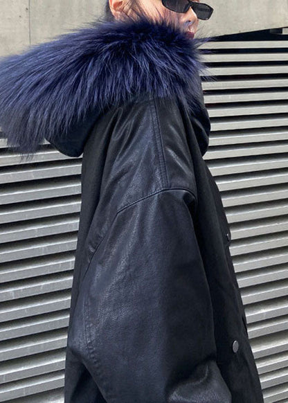 Black Hooded Fur Collar Pockets Thick Winter Cotton Pu S Parka