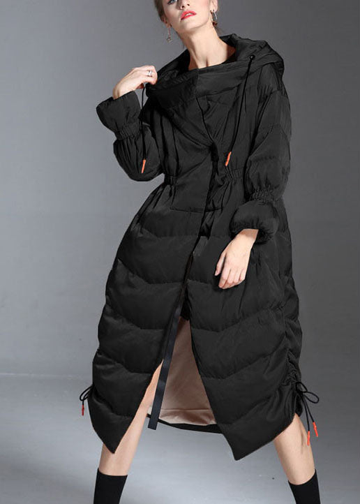Black Hooded Drawstring Slim Fit Winter Duck Down Coat